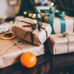 Wrapped holiday gifts on a table